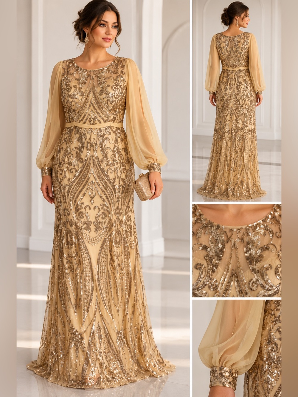 Gold Sequin Embellished Long Sleeve Formal Maxi Gown Plus Size 18 NWOT